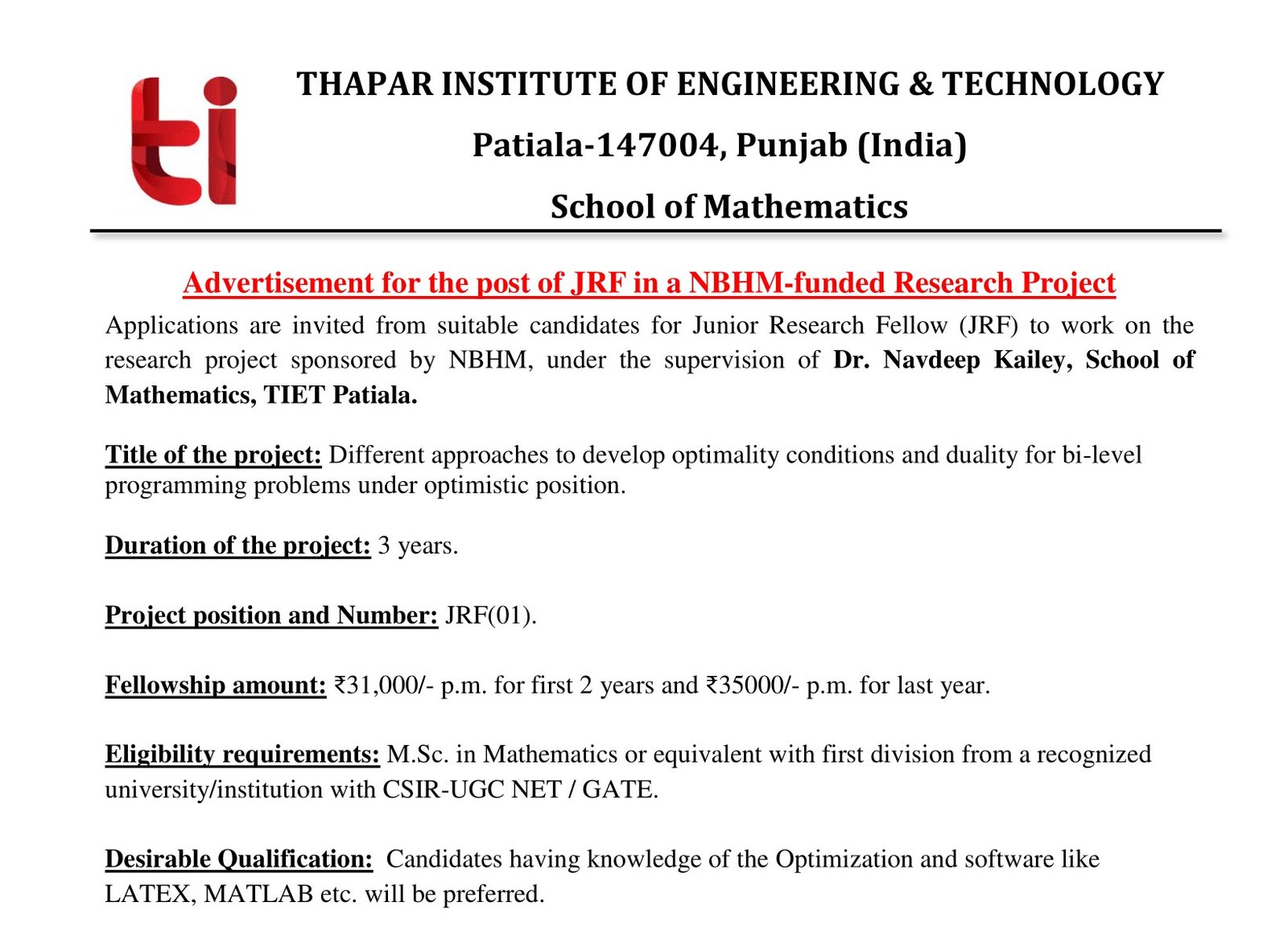 JRF in a NBHM-funded Research Project: THAPAR INSTITUTE OF ENGINEERING & TECHNOLOGY, Application of Deadline: June 20, 2023