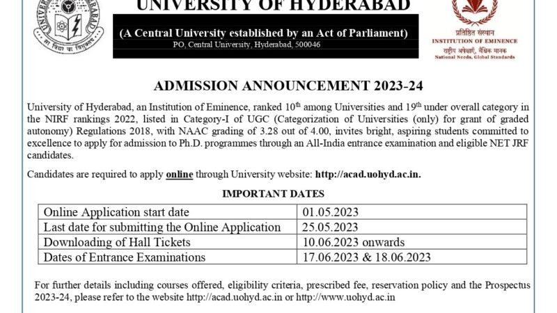 Ph.D. Admission: University of Hyderabad for July 2023, Application of Deadline: May 25, 2023