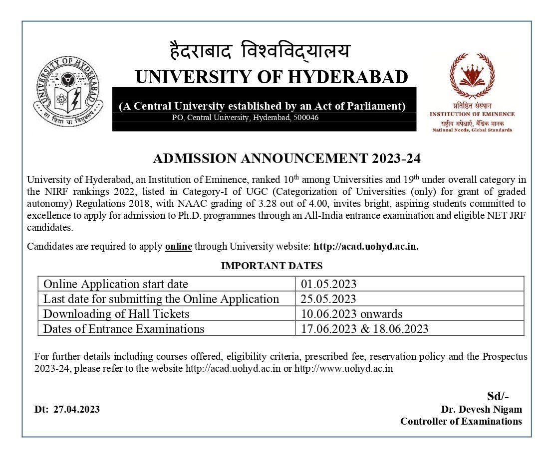 Ph.D. Admission: University of Hyderabad for July 2023, Application of Deadline: May 25, 2023