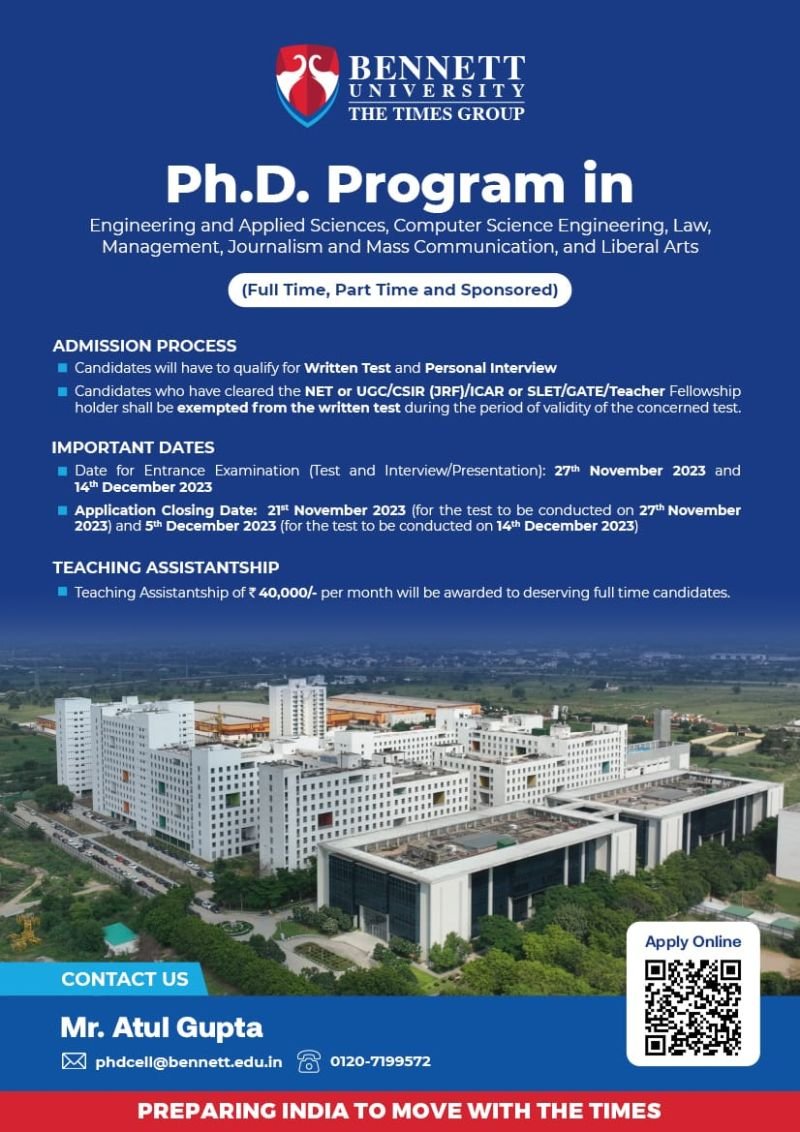 Ph.D. Programs (Winter Session) in Bennett University, Application deadline: November 21, 2023